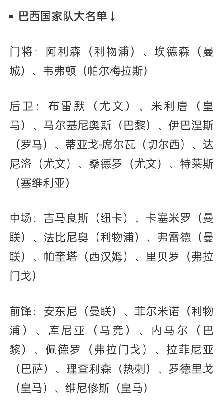 巴西队最新主力名单(巴西队最新主力名单图片)  第1张
